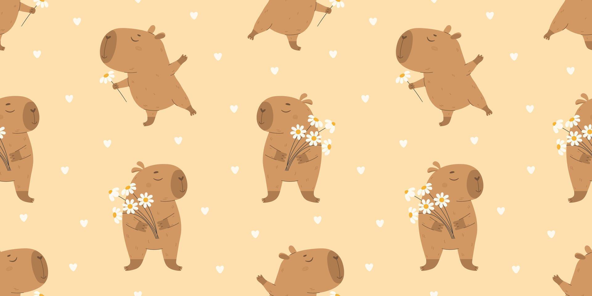Funny capybaras with a bouquet of flowers pattern vector
