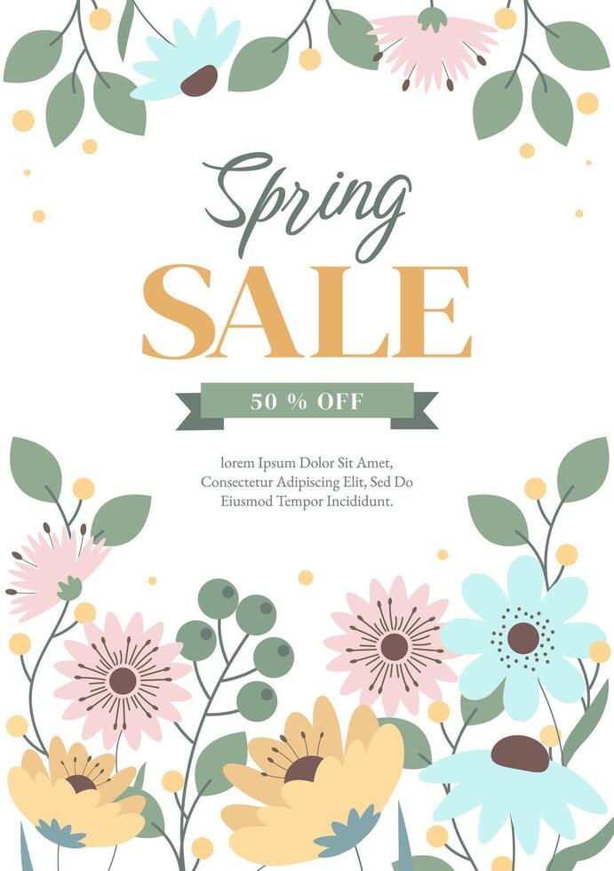 Spring Sale Poster with Cute Hand Drawn Flowers, Badge Typography Icon. Lettering Spring Season with Sale Text Design For Greeting Card, Invitation Template. Modern Lettering Banner Poster Template. vector