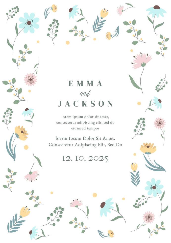 Cute Floral Card or Poster with Abstract Hand Drawn Flowers. Elegant Template for Wedding Invitation, Spring Holiday, Womens Day March 8, Birthday, Mothers Day, Sale, Web. Hand Drawn Floral Background vector