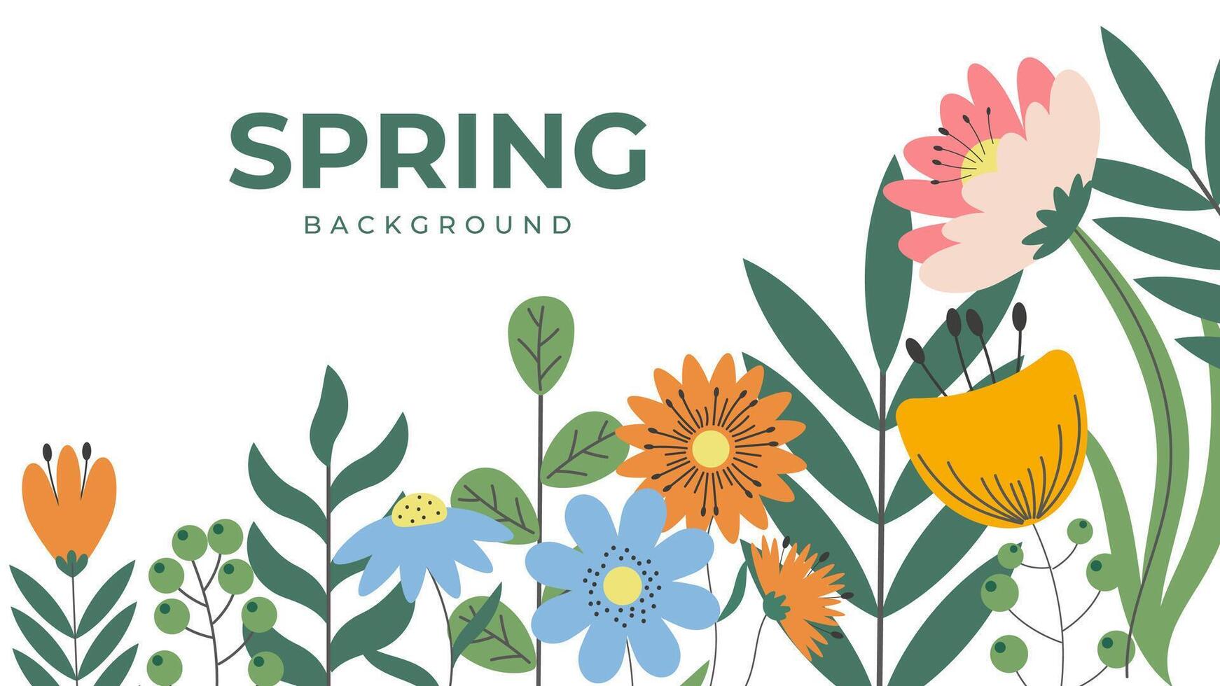 Spring or Summer Background with Abstract Flowers and Trendy Typography. Hello Spring Summer Banner with Cute Flower. Template for Hand Drawn Floral Art Poster for Women, Mother Day March 8, Birthday. vector