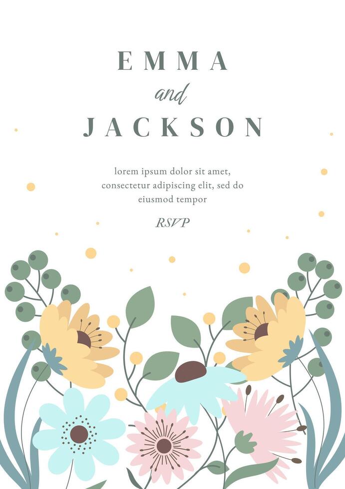 Spring or Summer Season Floral Card with Cute Hand Drawn Flowers. Modern Wedding Typography. Modern Background for Greeting Card, Invitation, Wedding, Mothers Womans Day, 8 March, Birthday, Template. vector