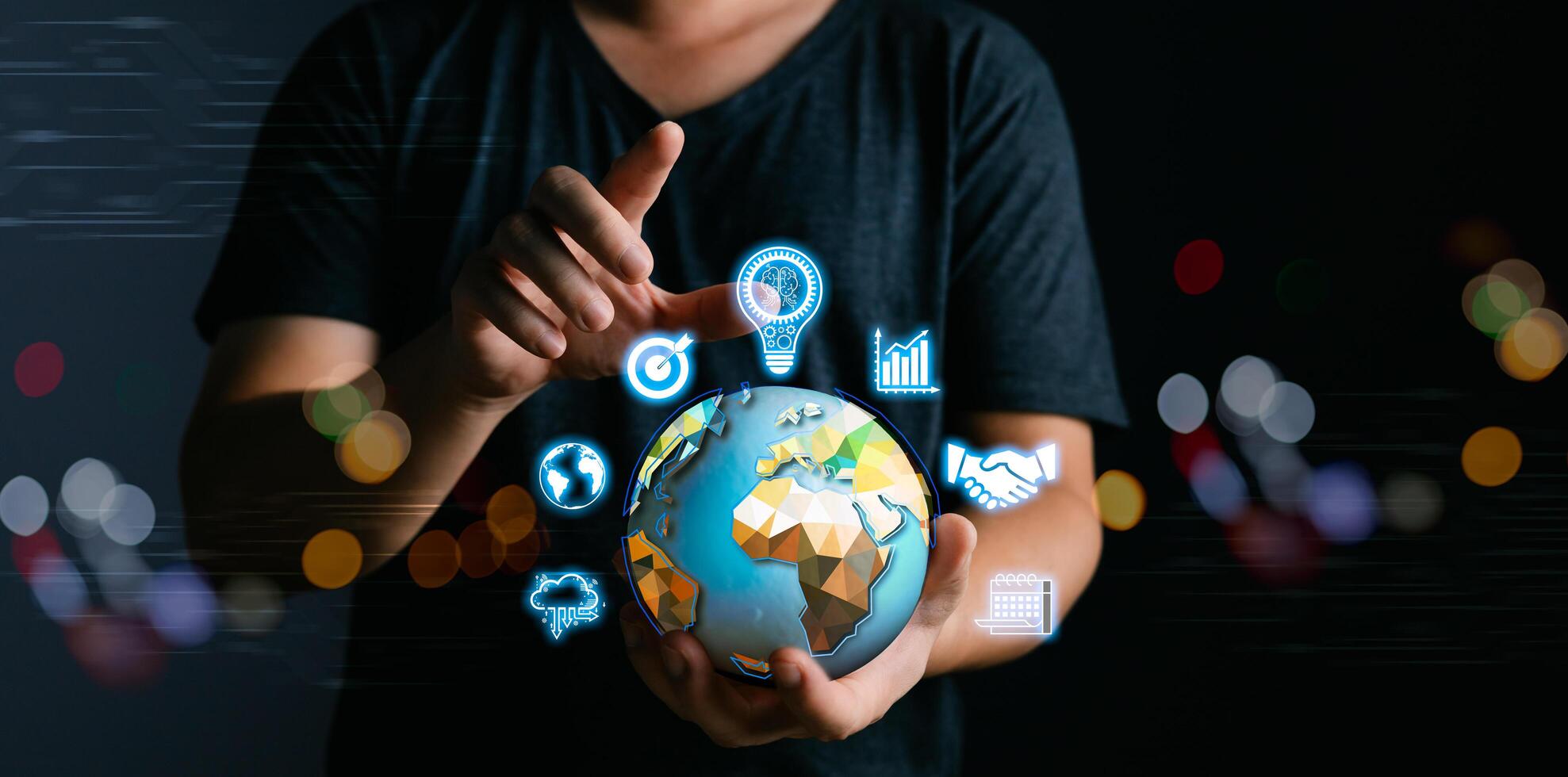 Businessman hold global to plan. banking and financial , Business global internet connection application technology and digital marketing, cloud computing,big data, Digital link tech. photo