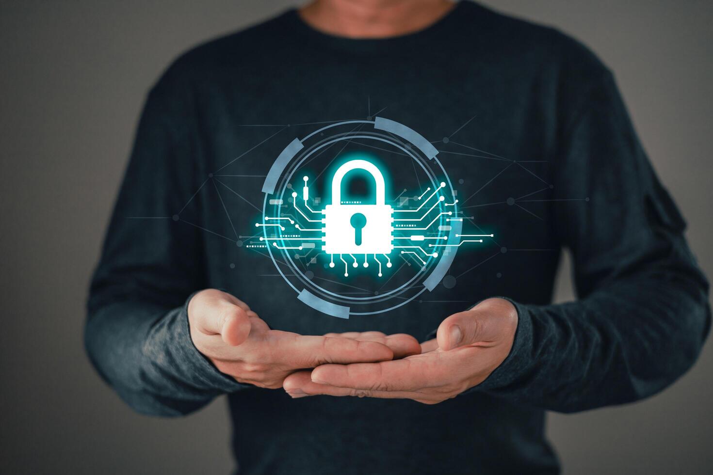 Cybersecurity and privacy protection network security computer and safe data concept. Businessmen protect personal data information from viruses with virtual screen interfaces photo