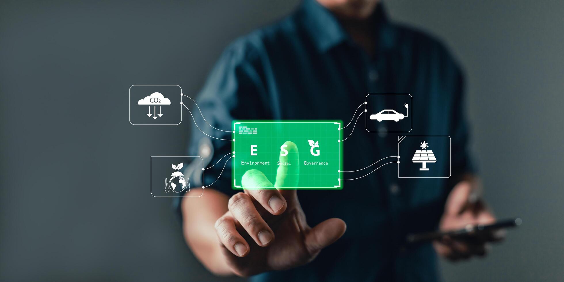 man use software to save energy,and reduce global warming,climate change,ecology friendly investment,ESG environment social governance,Green Business Innovation and Sustainable Development concept. photo