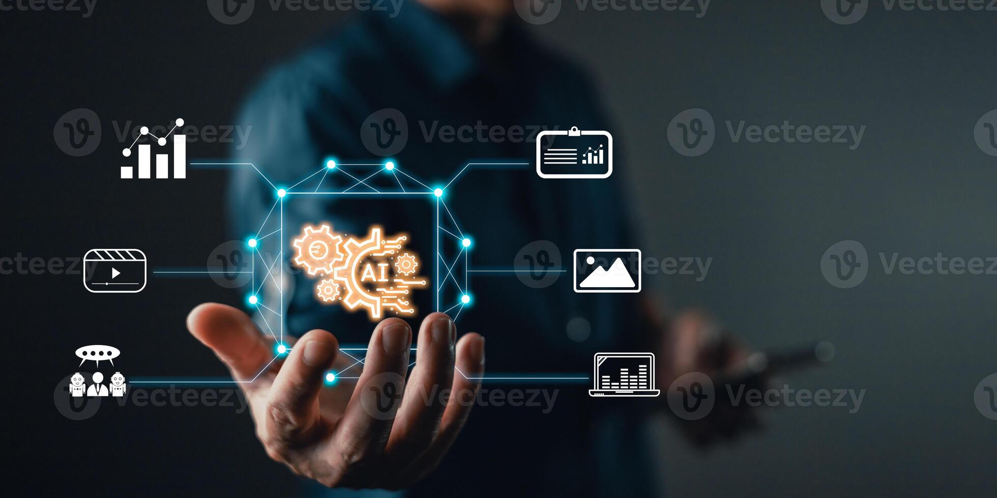 Man hold icon ai and use smartphone, Marketers education, research, analyze media streaming content creation and online marketing strategy to grow their digital business. photo