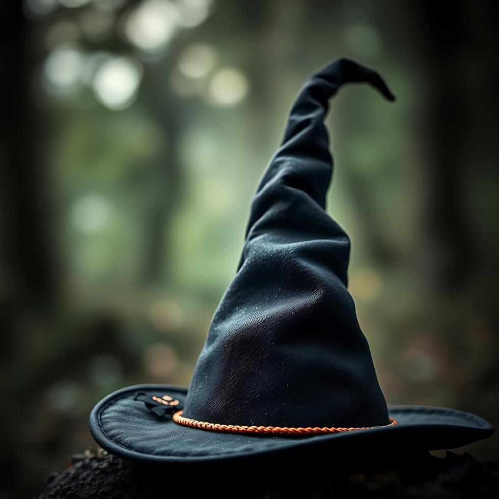 A witch hat is sitting on a tree stump photo