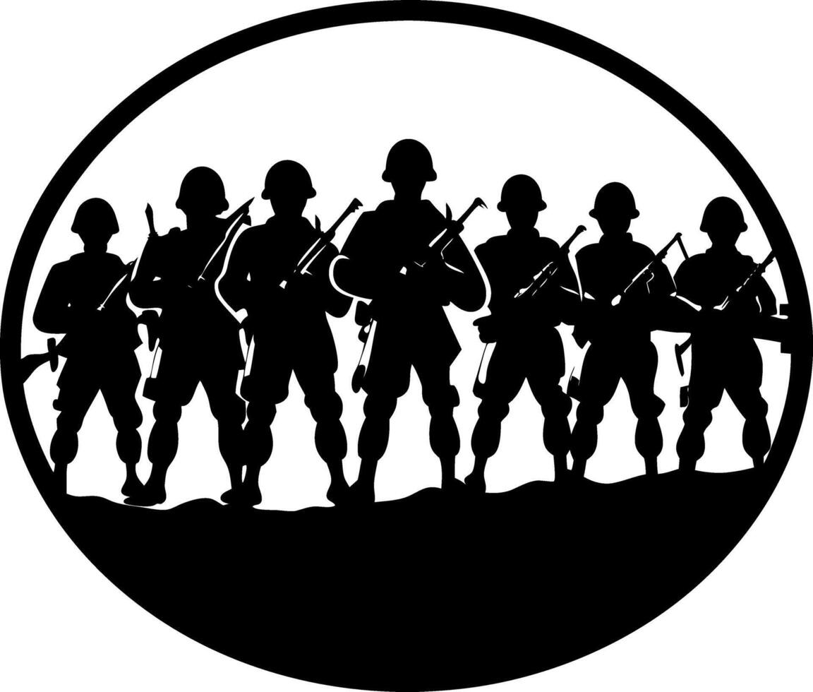 Black and White of Five Military Personnel with Weapons, Standing Side by Side, Perfect for Strength and Unity Themed Designs vector
