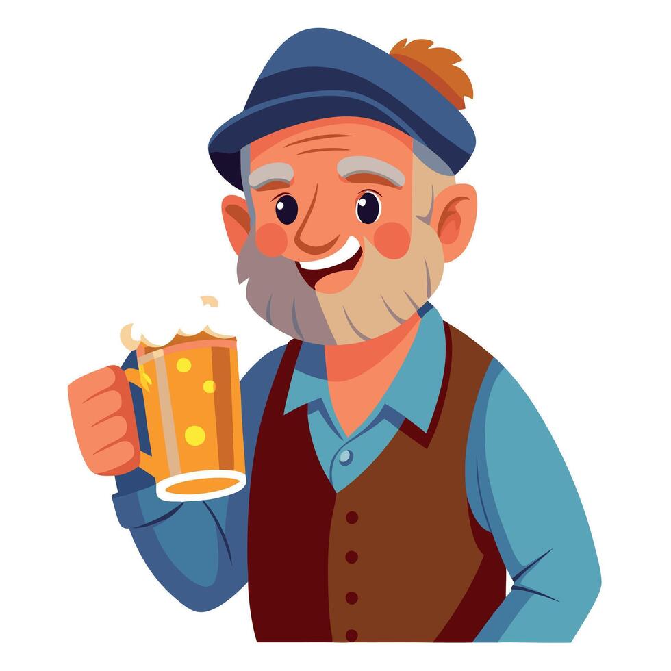 Cartoon Illustration of a Bearded Elderly Gentleman with a Frothy Beer vector