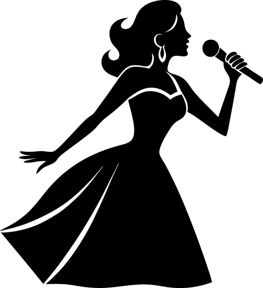 Black and White of a Woman with a Long Dress, Singing into a Microphone, Perfect for Elegant Music or Performance Artwork vector