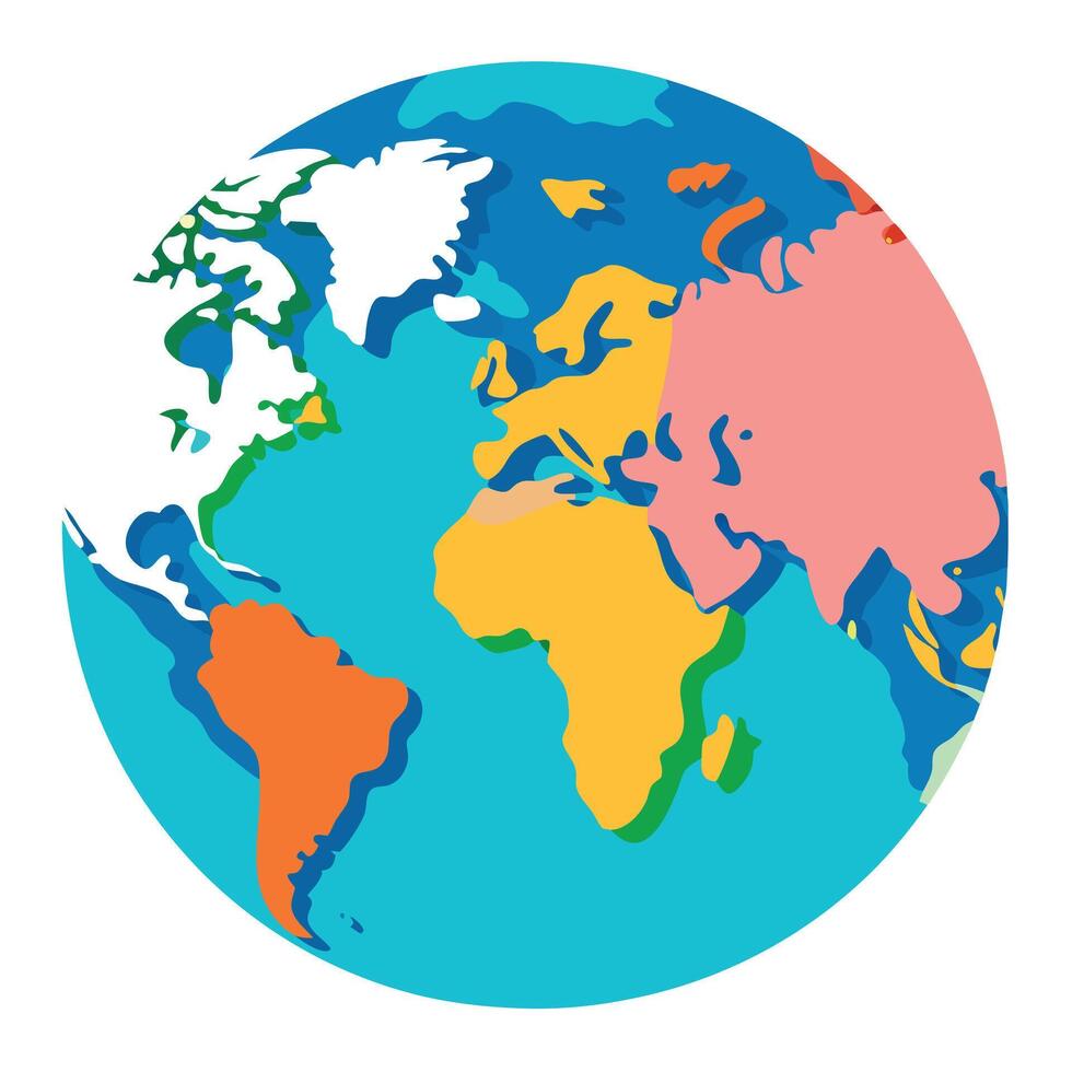 Stylized Global Map with Brightly Colored Continents and a Clean, Abstract Representation of the Earth's Geography vector