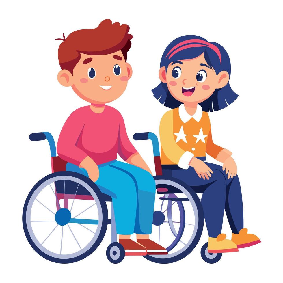 Illustration of Happy Children in Wheelchairs Engaging in Friendly Conversation vector