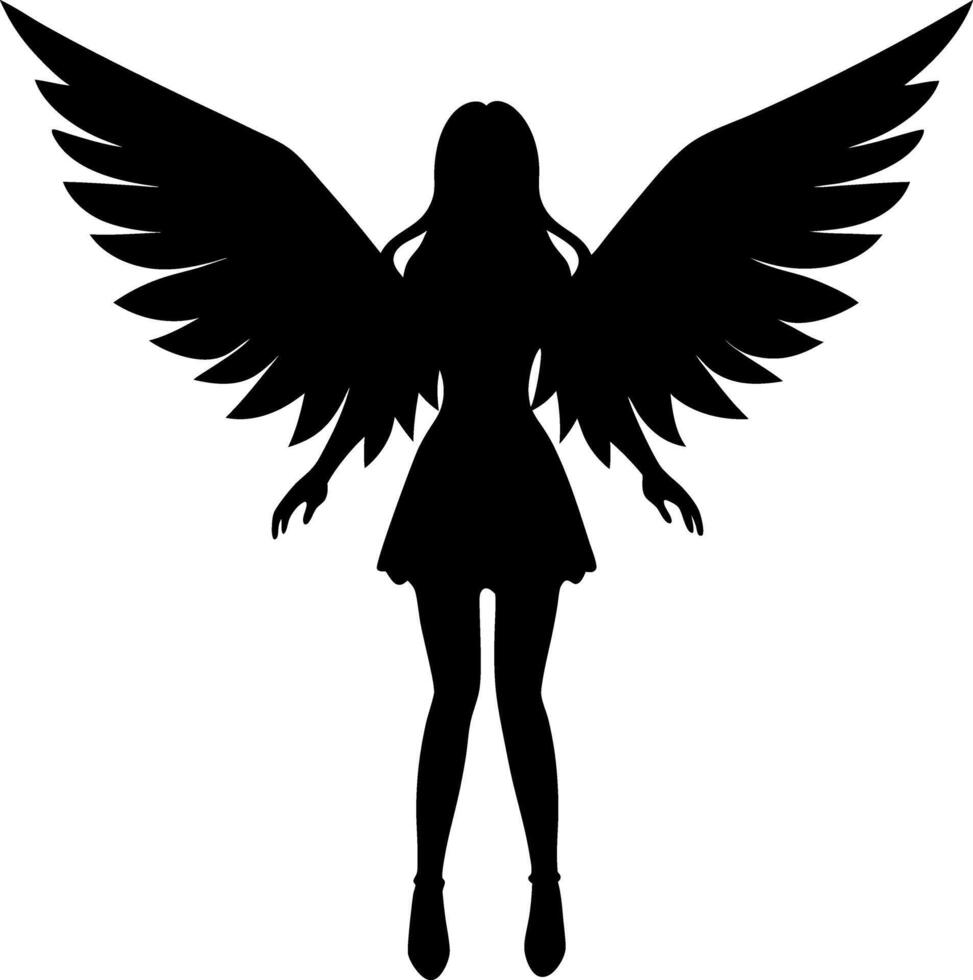 Silhouette of a Graceful Winged Woman with Shorter Hair and a Dress, Arms Extended, Great for Fantasy Illustrations and Creative Design Projects vector