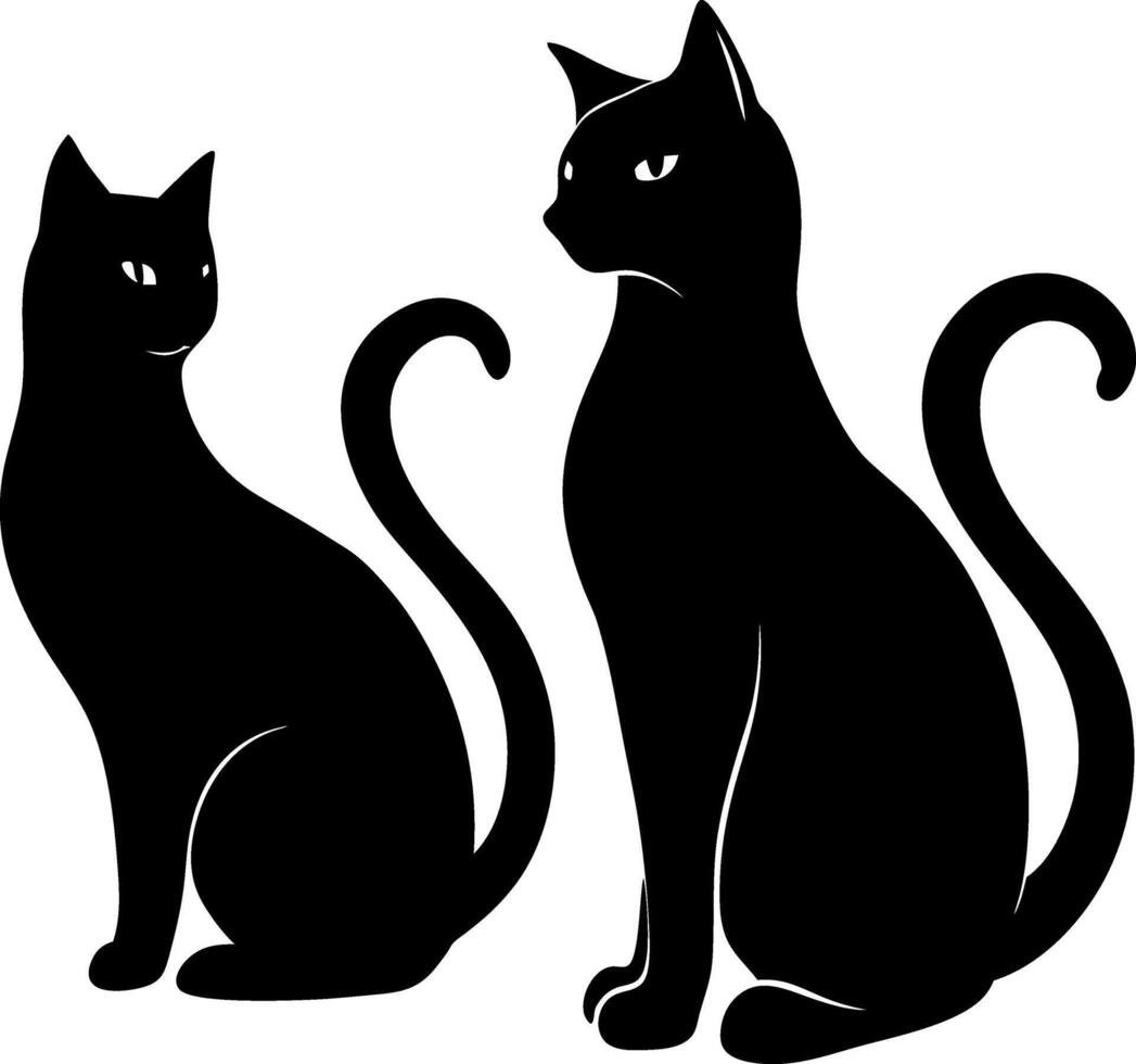 Silhouette Art of Two Black Cats with Curled Tails, One Looking at the Other, Ideal for Use in Mystery or Magic Themed Creative Projects vector