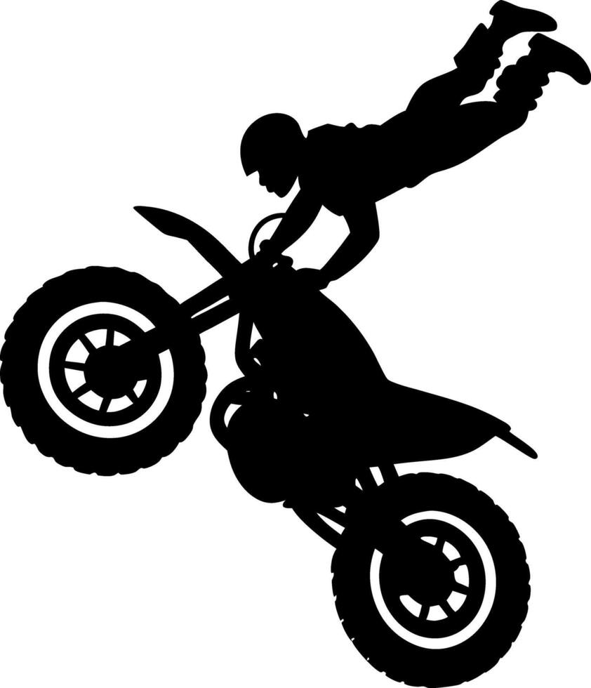 Daring Motorcycle Stunt Silhouette in Mid-Air, Capturing the Thrill of Extreme Sports vector