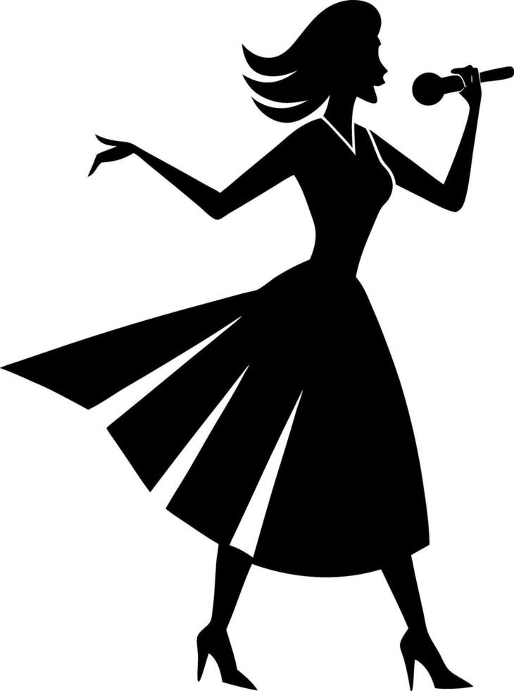 Elegant Female Singer Silhouette with a Flared Dress and Flowing Hair, Holding a Microphone, Ideal for Music and Entertainment Themed Designs vector