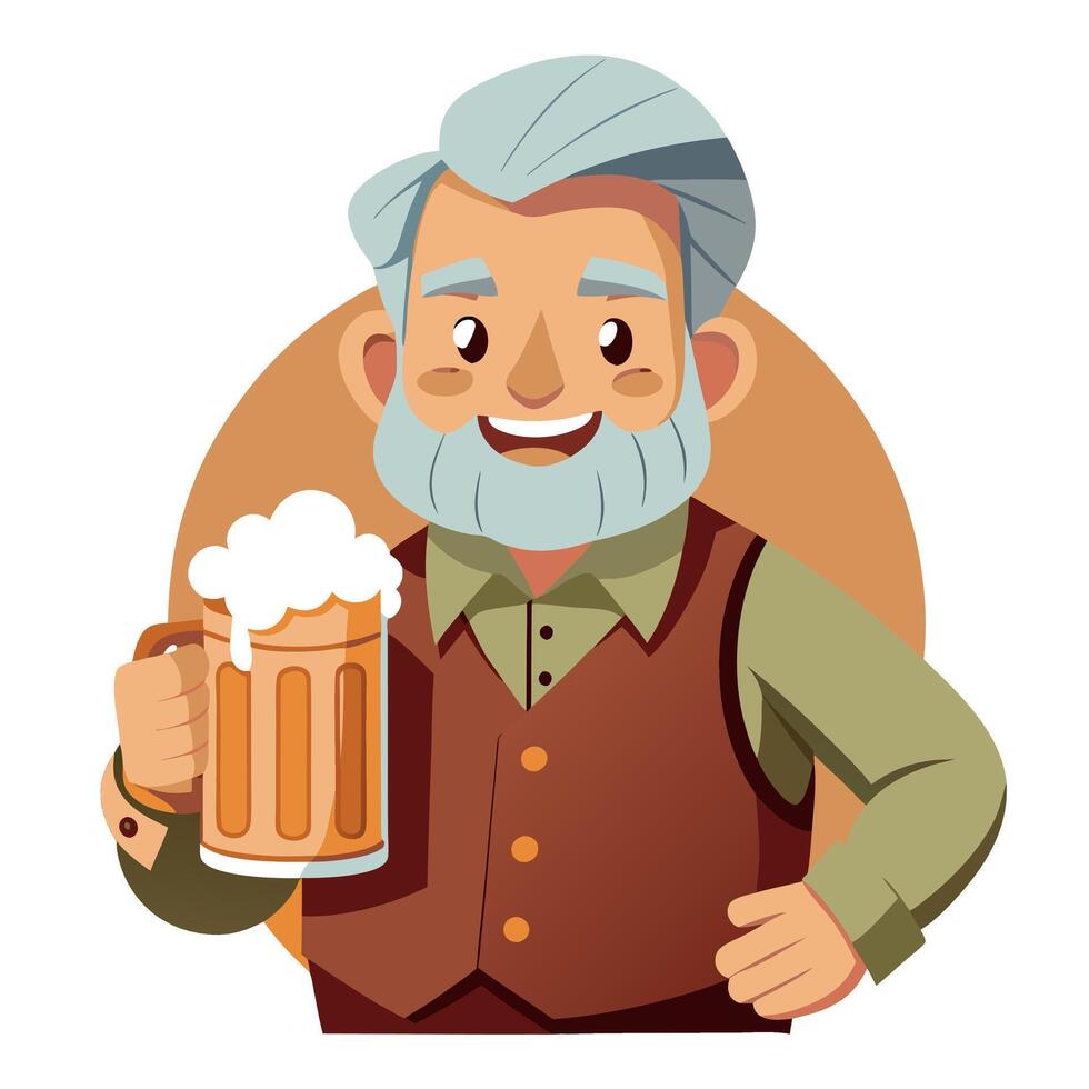 Smiling Elderly Man Holding a Beer Mug in a Cheerful Cartoon Illustration vector