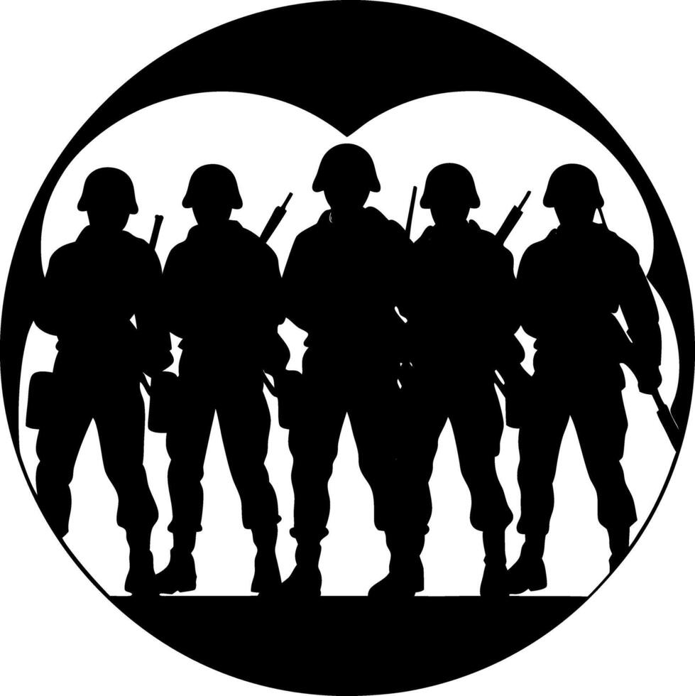 Silhouette of Five Soldiers in a Circular Formation, All Equipped with Helmets and Rifles, Perfect for Military or Patriotic Graphic Design vector