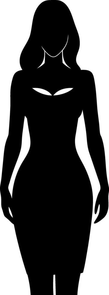 Sophisticated Female Figure in a Flared Dress with Hands on Her Hips A Striking Back View Silhouette Illustration vector