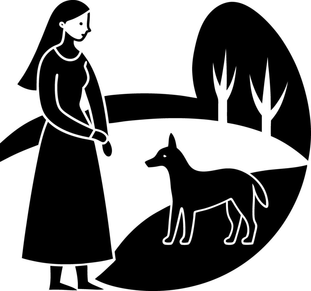 Harmonious Black and White Silhouette of a Woman and a Dog with a Forest and Trees, Perfect for Nature-Loving and Outdoor Enthusiast Graphics vector