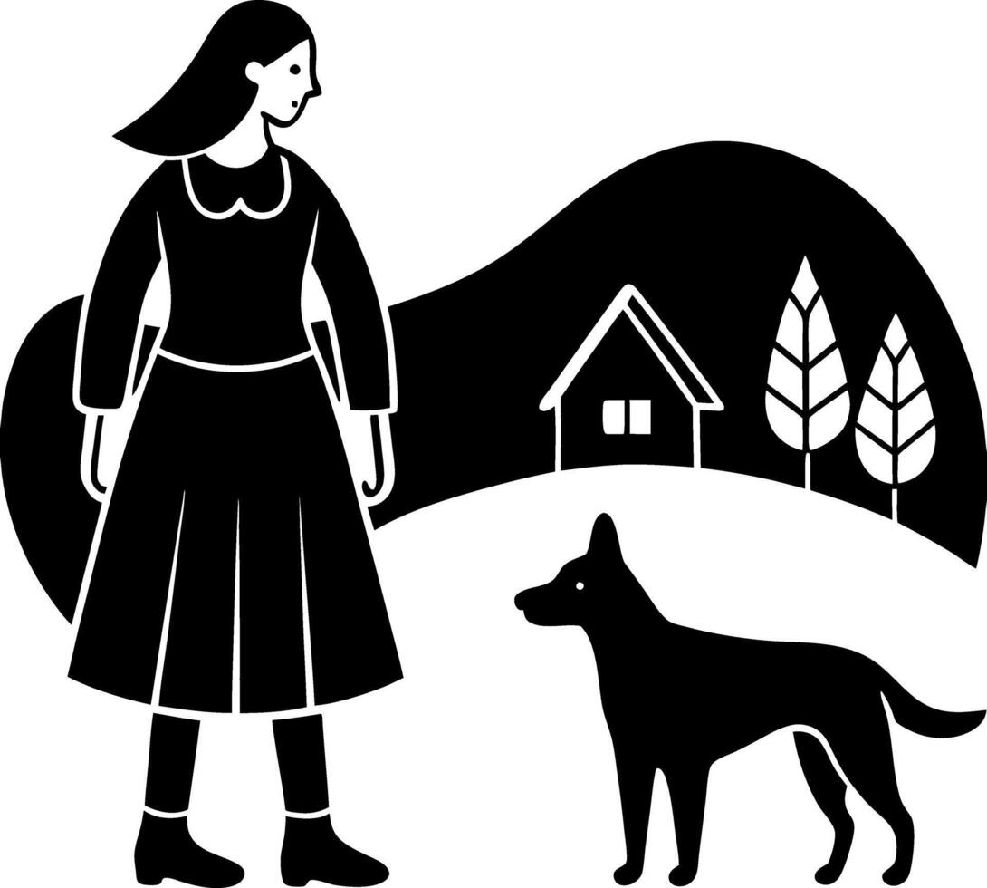 Eerie of a Girl and Her Loyal Canine Companion Next to a Ghostly House and Enchanted Forest, Ideal for Gothic and Fantasy Art Projects vector