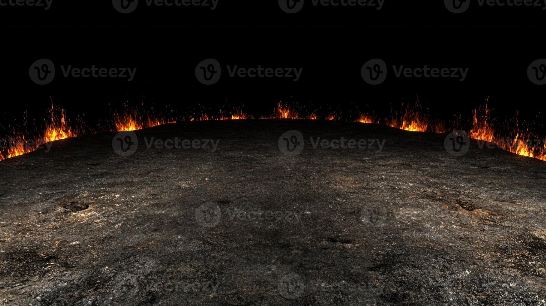 Inferno landscape, A dark, barren ground contrasts with a horizon ablaze in vibrant orange flames photo