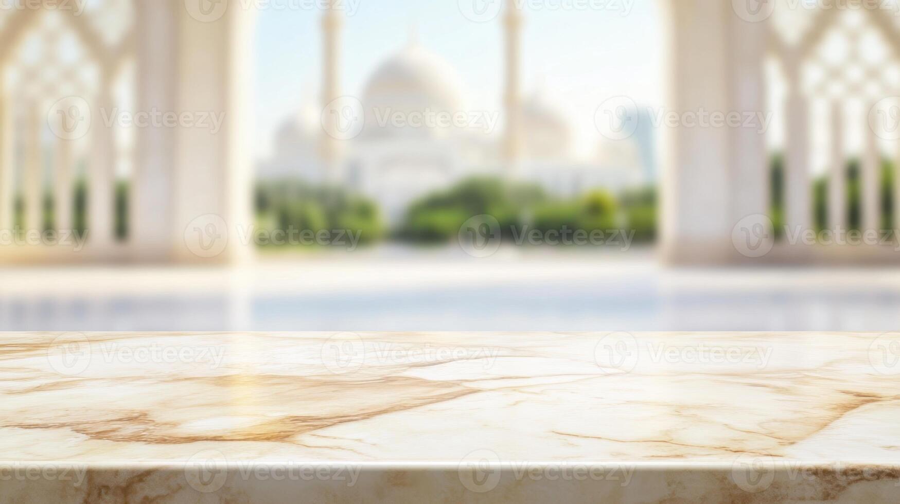 Marble surface view towards a mosque, suitable for product mockups and showcasing materials photo
