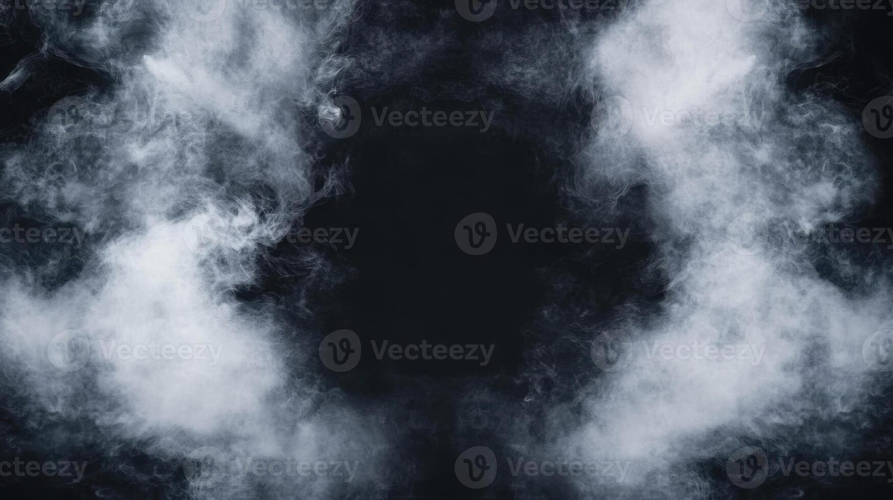 Abstract ethereal smoke wisps frame a void. Translucent haze drifts in the darkness, creating depth photo