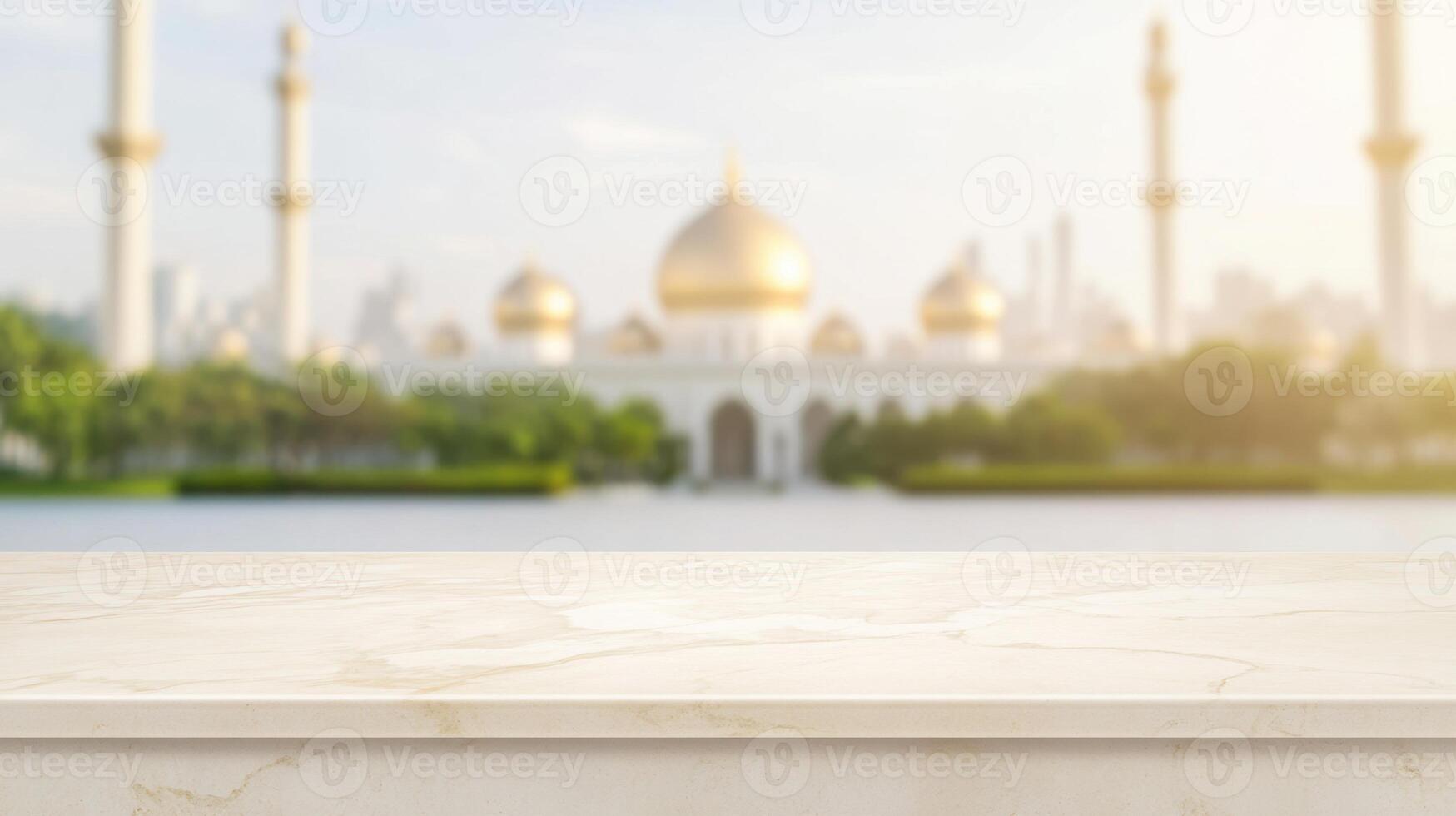 Marble surface with an out-of-focus background of a building with golden domes and tall towers photo