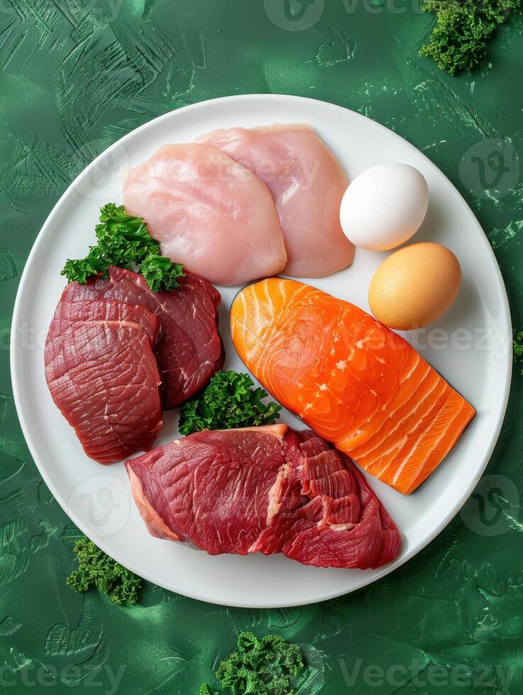 Assorted protein sources on a plate with beef, chicken, salmon, and eggs, served with fresh herbs photo