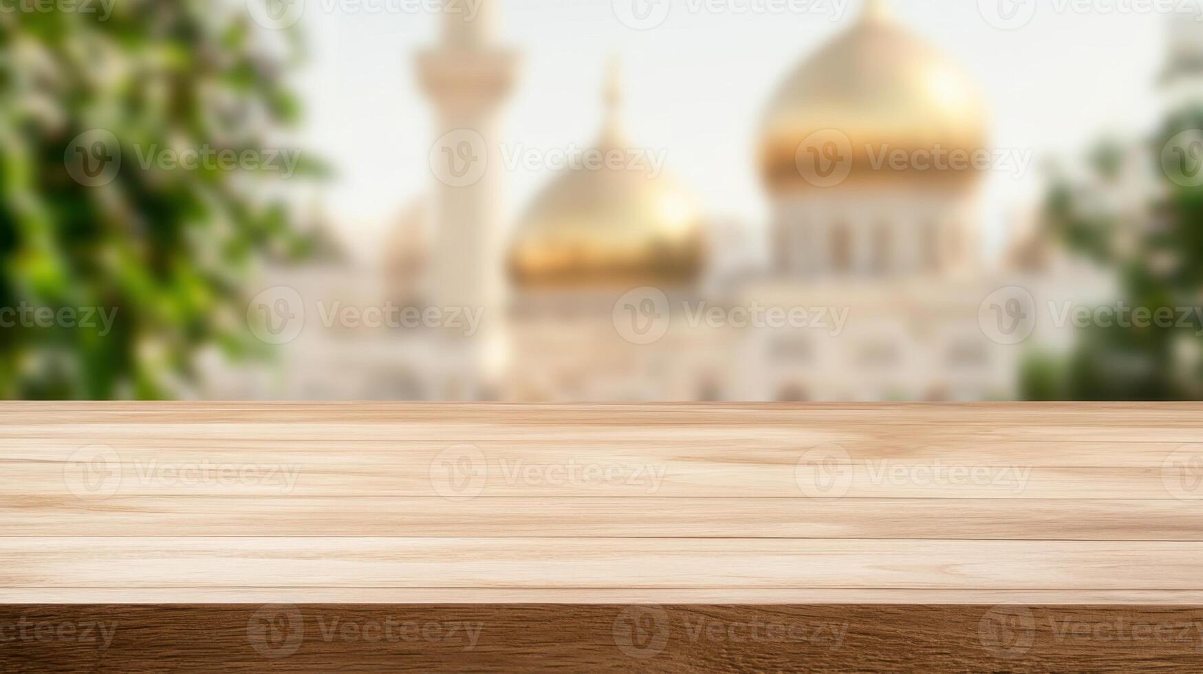 A warm wooden surface foregrounds a softly blurred architectural backdrop with golden domes shining photo