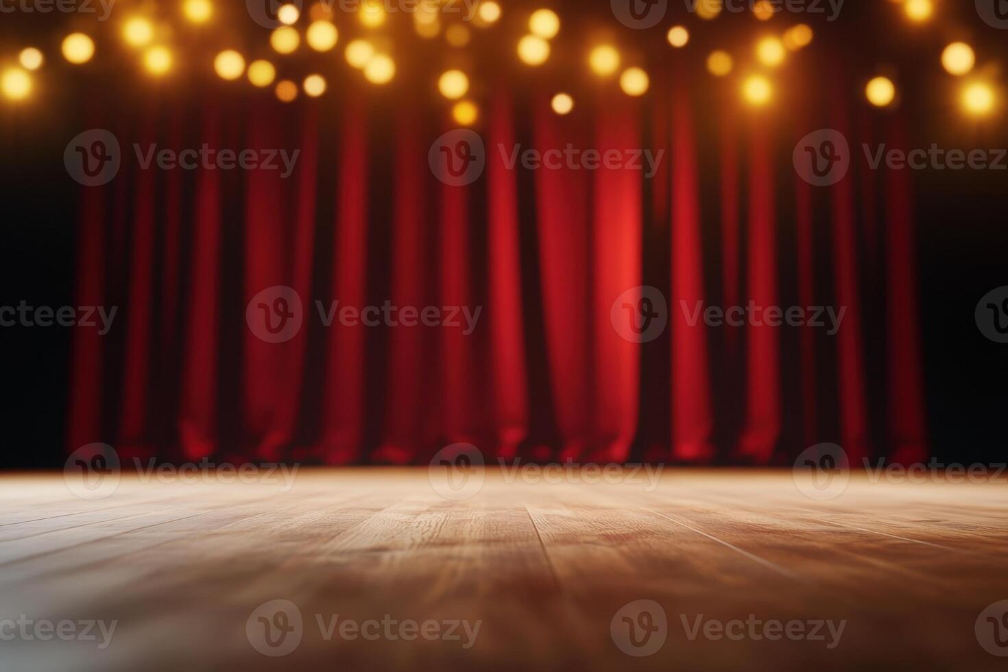 A theatrical stage with a wooden floor, red curtains, and warm, glowing string lights overhead photo