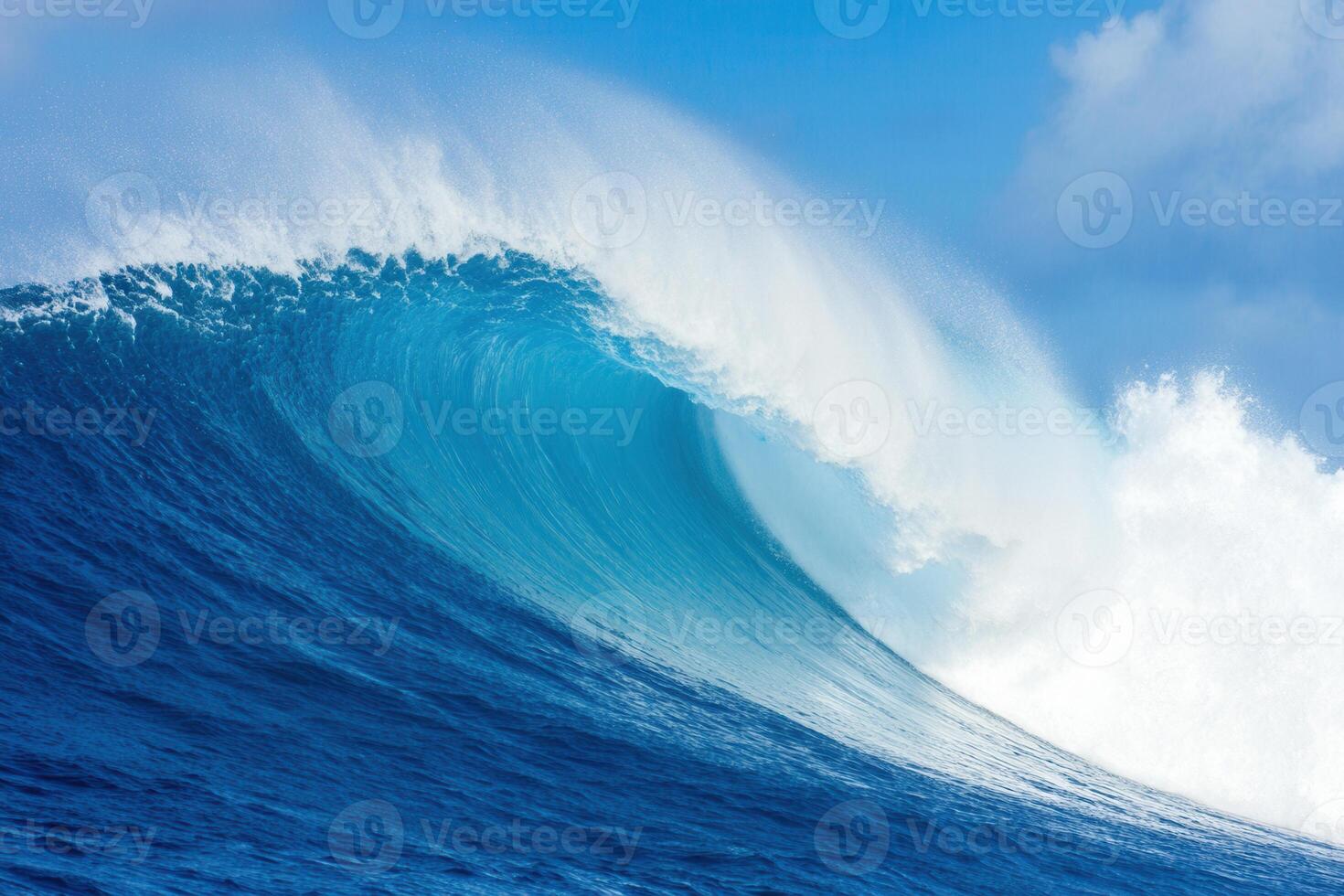 Majestic ocean wave curls under a bright blue sky, embodying power, energy, and natural beauty photo