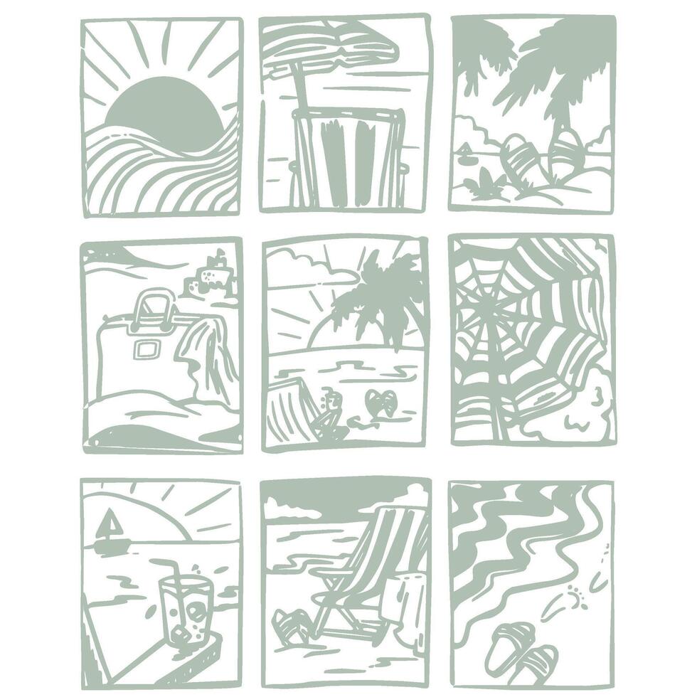 a set of illustrations depicting various scenes on the beach vector