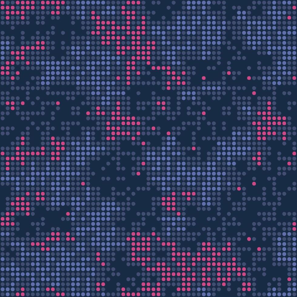 Halftone digital vinous camouflage wallpaper. LED screen pattern in maroon tones, camo grid, polka dot background. Seamless dark blue texture vector