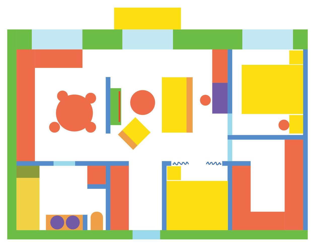 Floor plan with functional zoning of the apartment premises. The color scheme of the residential interior, layout of the furniture arrangement. Design constructor drawing vector