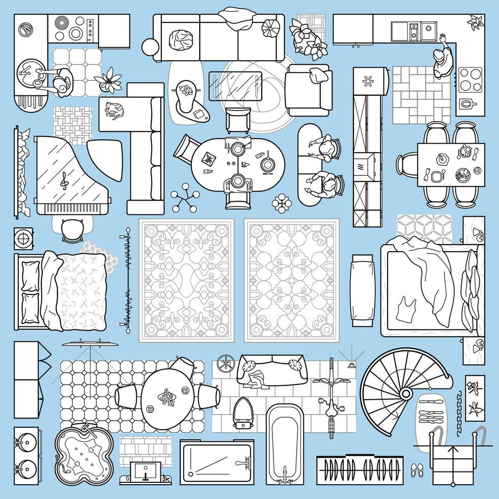 Floor plan icons set for design interior and architectural project. Furniture thin line icon in top view for layout. Blueprint apartment vector