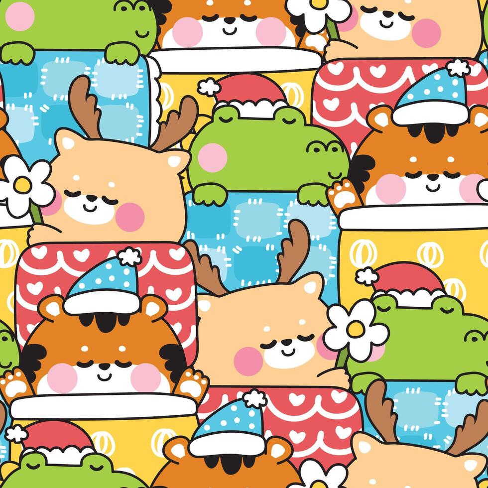 Repeat.Seamless pattern of cute animals sleeping on pillow and stay under blanket bed backgorund.Deer,tiger,crocodile hand drawn.Cartoon character.Night.Sleep.Kawaii.Illustration. vector
