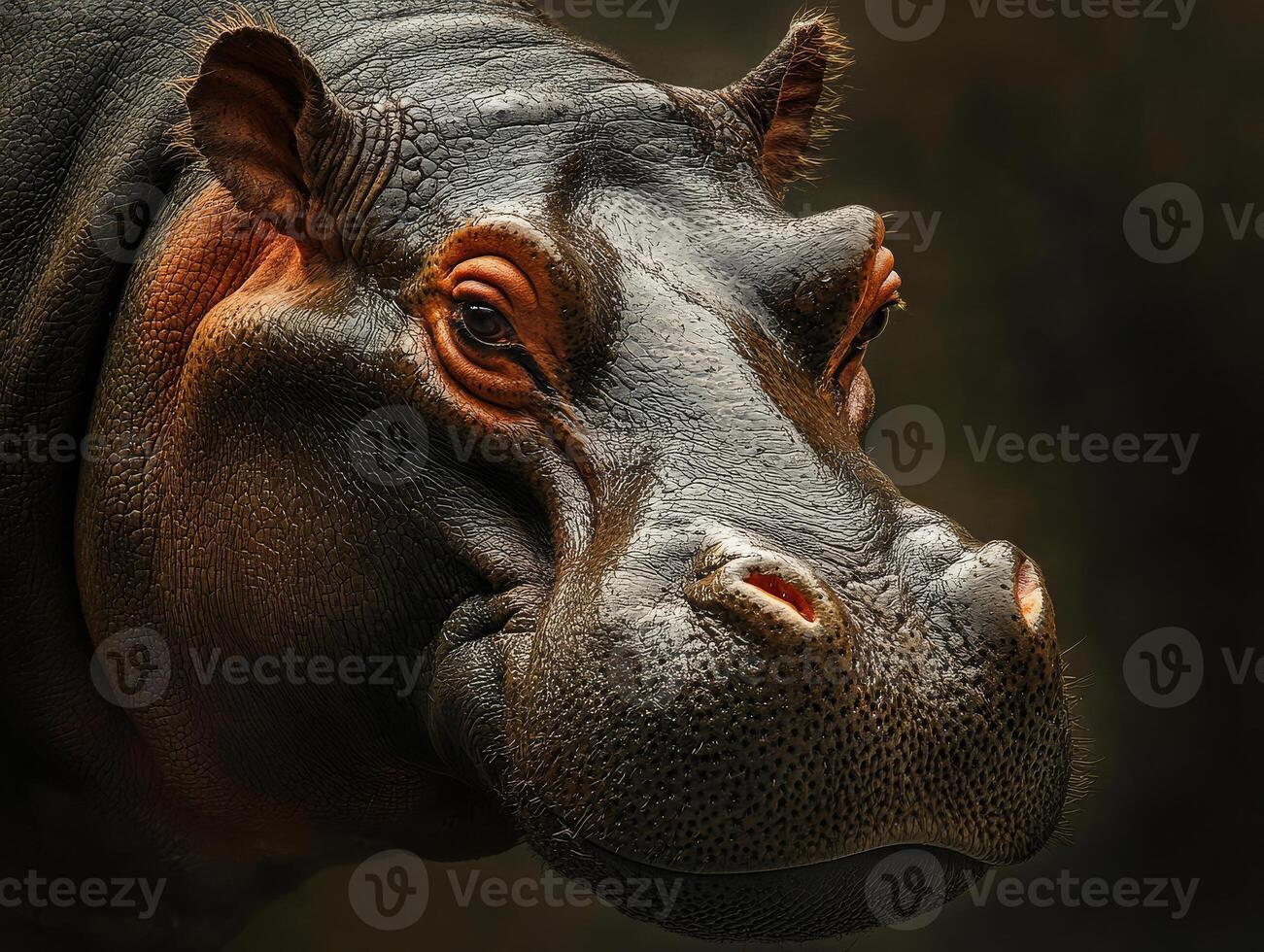 Close-up portrait of a hippopotamus showcasing intricate features and textures in natural light settings photo