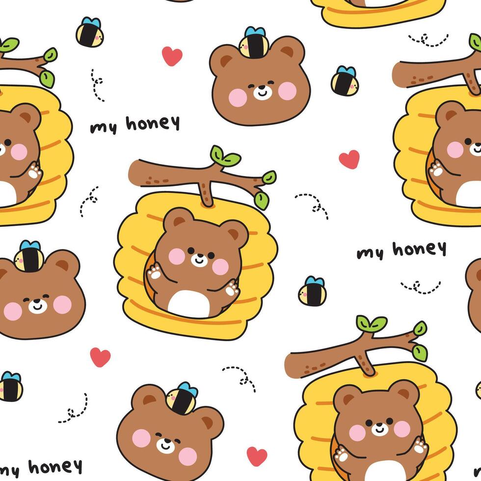 Seamless pattern of cute teddy bear greeting stay in honeycomb on tree with bee background.My honey text.Heart.Wild animal character cartoon design.Kawaii.Illustration. vector