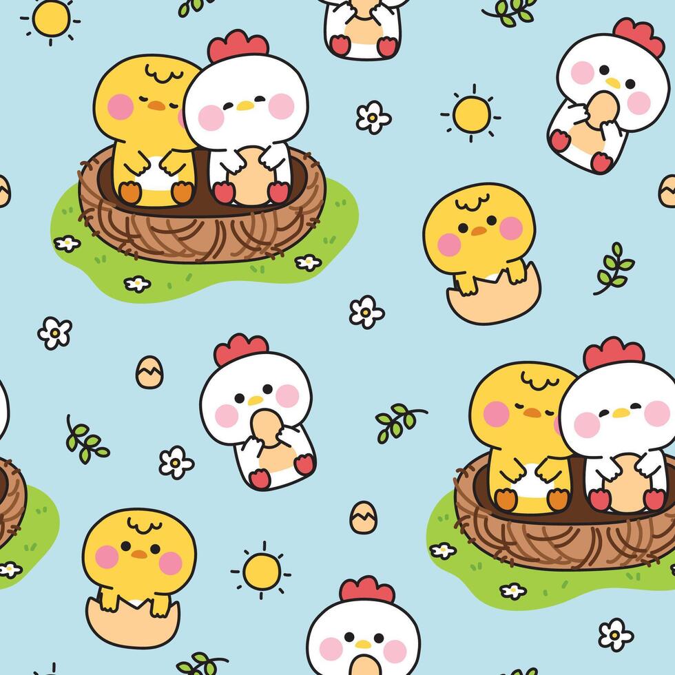 Seamless pattern of cute chicken and hen stay in bird nest on garden background.Morning.Sun,flower,leaf,egg.Farm bird animal character cartoon design.Kawaii.Illustration. vector