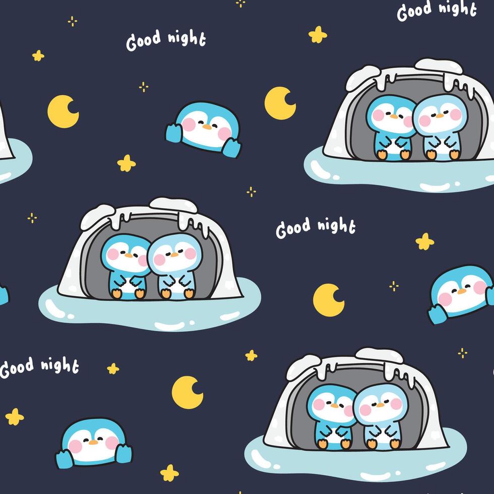 Seamless pattern of cute penguins sleeping and stay in ice cave background.Moon and star.Night.Polar animal bird character cartoon design.Kawaii.Illustration. vector