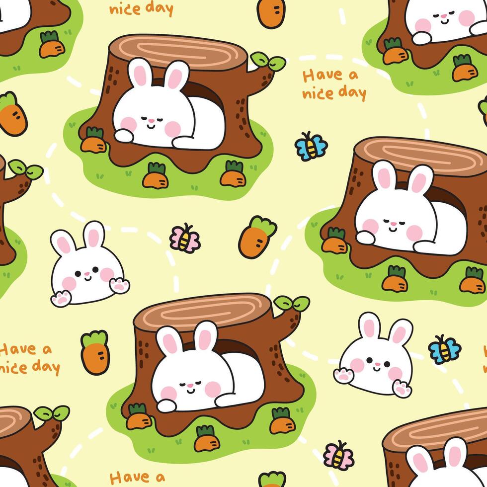 Seamless pattern of cute rabbit bunny sleeping and stay in tree background.Carrot garden.Chopped trunk tree.Easter.Jungle.Wild.Rodent animal character cartoon design.Kawaii.Illustration. vector