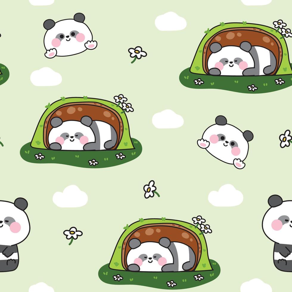 Seamless pattern of cute panda teddy bear sleeping and stay in cave background.Flower and nature.Jungle.Wild chinese animal character cartoon design.Kawaii.Illustration. vector