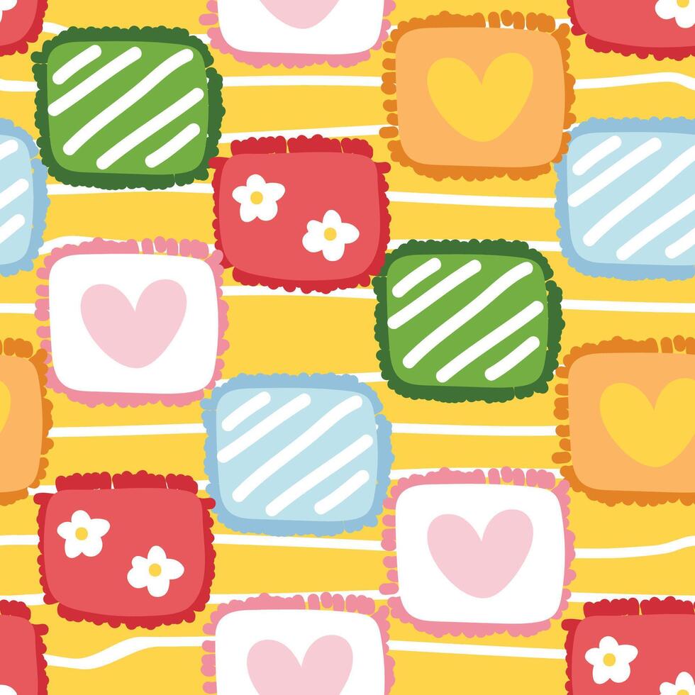 Seamless pattern of cute patchwork blanket background.Bedsheet.Cloth.Flower,heart,line hand drawn.Kawaii.Illustration. vector