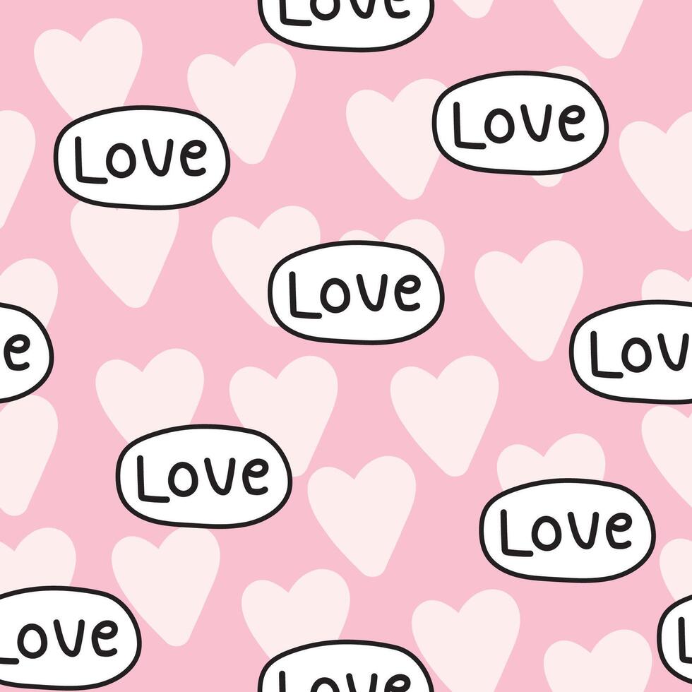Seamless pattern of cute heart pastel pink background with love text word.Cartoon hand drawn.Valentine day.Kawaii.Illustration. vector
