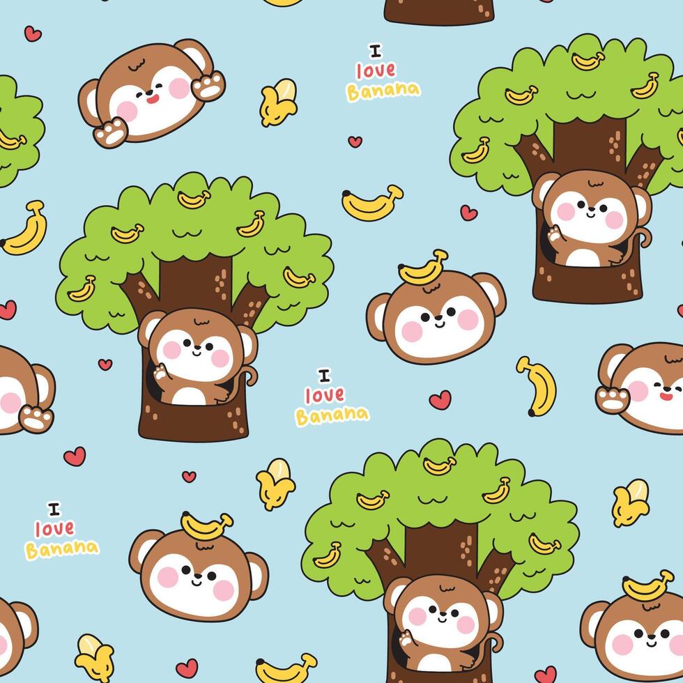 Seamless pattern of cute monkey greeting and stay on tree background.I love banana text.Banana fruit.Wild animal character cartoon design.Kawaii.Illustration. vector