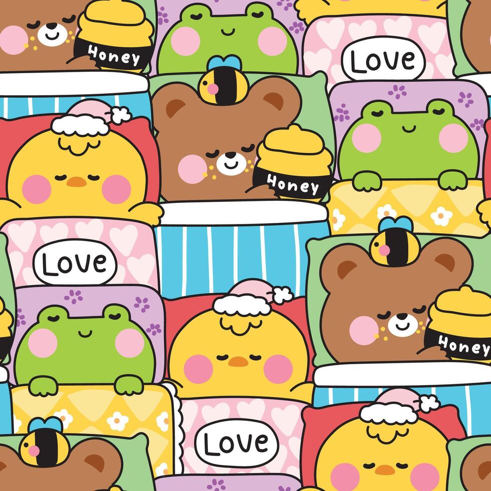 Repeat.Seamless pattern of cute animals sleeping on pillow and stay under blanket bed background.Chicken,teddy bear,frog hand drawn.Cartoon character.Night.Sleepy.Kawaii.Illustration. vector