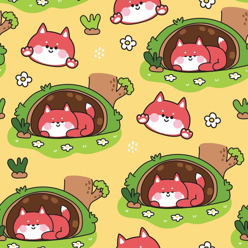 Seamless pattern of cute fox sleep in cave on flower garden background.Tree.Jungle.Wild animal character cartoon design.Kawaii.Illustration. vector