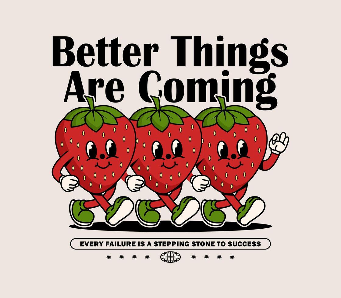 Retro strawberry cartoon character, illustration for posters, T-shirts, stickers, and branding. Playful and cheerful vintage design vector