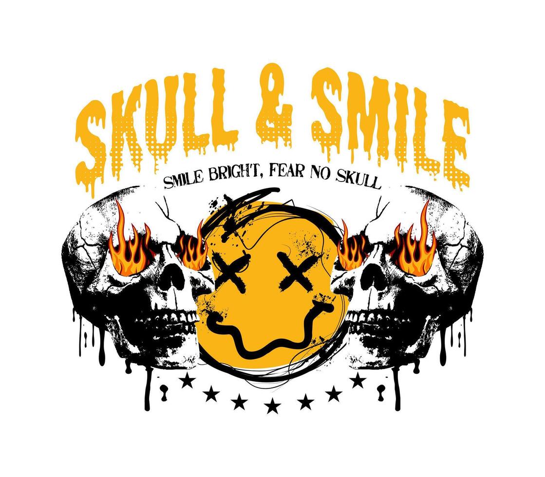 skull and graffiti smile design for t-shirt with slogan. T shirt print with spray paint graffiti smile and skull. Graphics for tee shirt and apparel illustration design vector